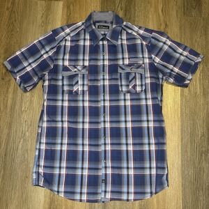 7 Diamonds Shirt Mens L Blue Red Plaid Casual Button‎ Down Short Sleeve Pockets